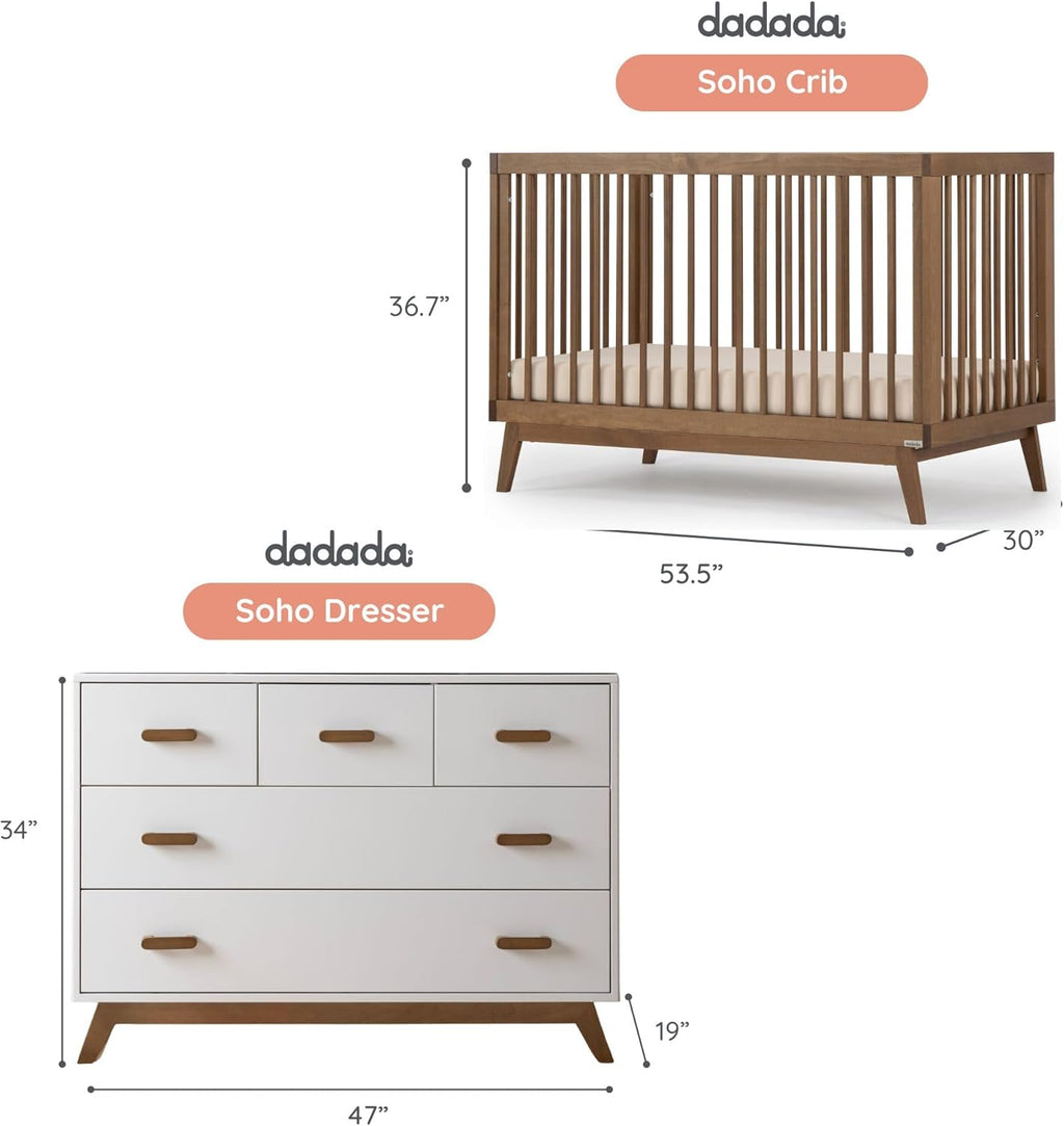 dadada Soho Baby Nursery Furniture Set, Baby Crib and Dresser Set Combo, Soho 3-in-1 Convertible Crib and Matching 5 Drawer Dresser, Walnut Beechwood