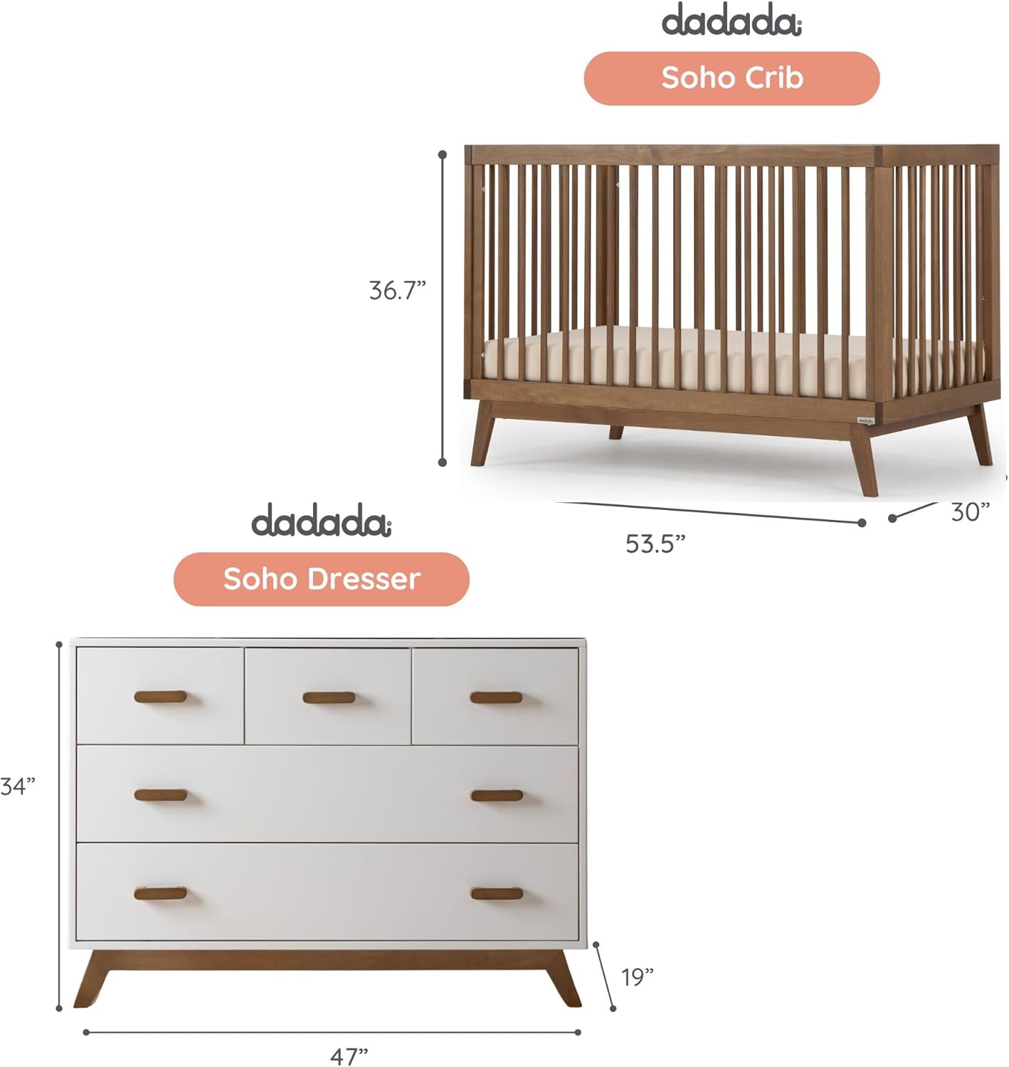dadada Soho Baby Nursery Furniture Set, Baby Crib and Dresser Set Combo, Soho 3-in-1 Convertible Crib and Matching 5 Drawer Dresser, Walnut Beechwood