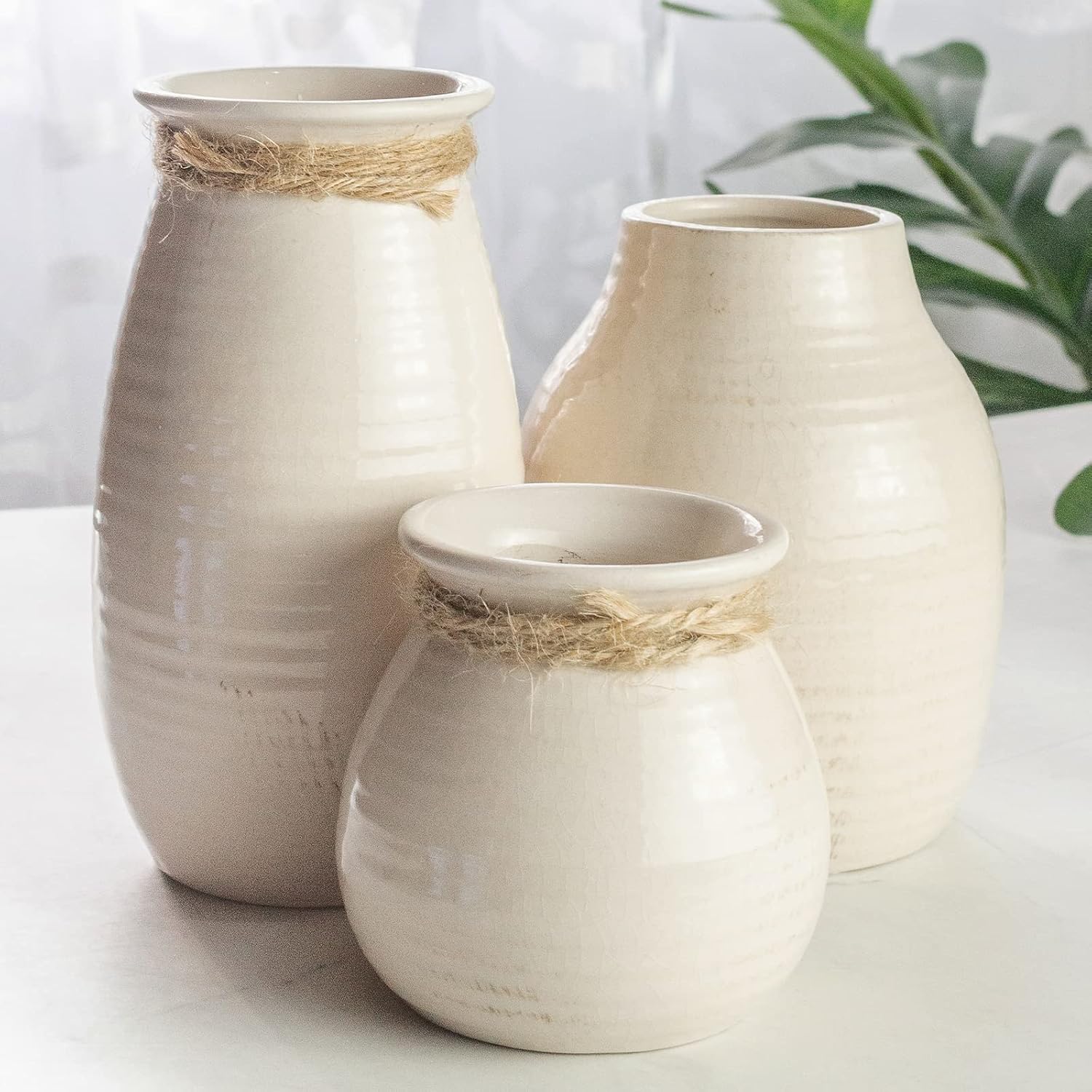White Vases for Rustic Home Decor - Modern Farmhouse Ceramic Vase Set for Fireplace, Flowers, Living Room - Farmhouse Decorations for The Home, Set of 3
