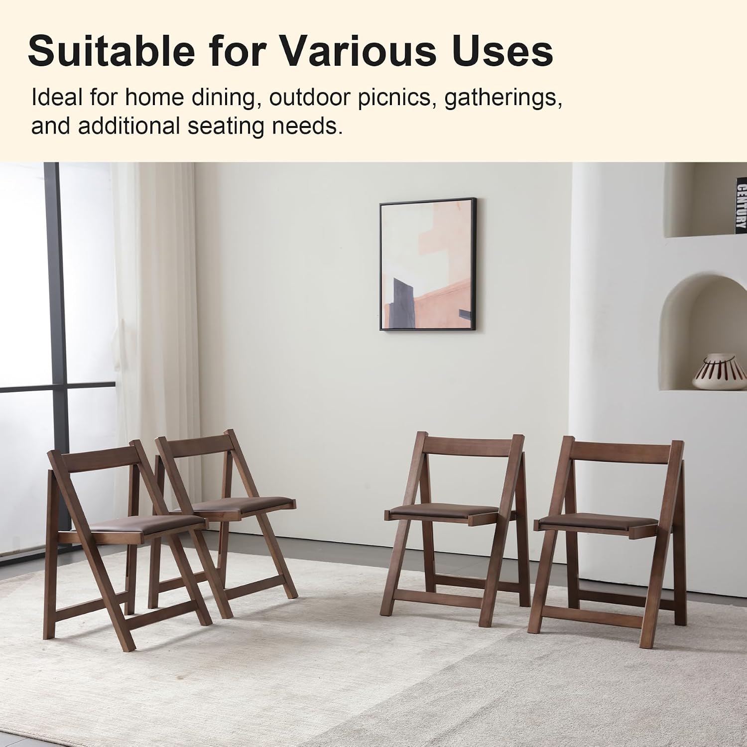 Folding Dining Chairs with Cushion, Padded Folding Chairs Lightweight, Modern Folding Patio Chairs, Wooden Dining Chairs, Foldable Chairs Set of 2 for Picnic, Camping, Office, Party, Walnut