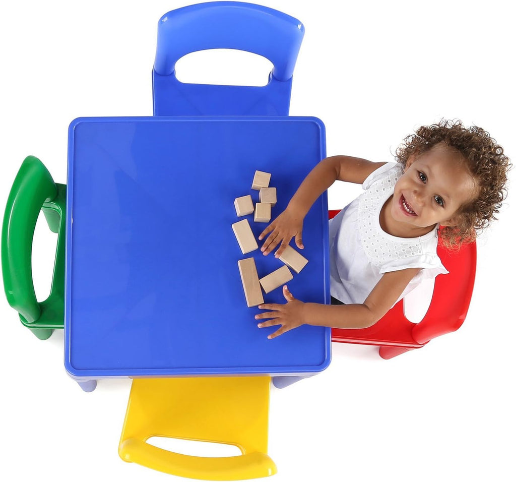 Humble Crew Kids Plastic Table and Chair Set, Toddler Activity Table with 4 Chairs, Lightweight Easy-Clean Kids Desk for Play, Snacks-Crafts, Indoor Outdoor Playroom Furniture, Blue/Primary