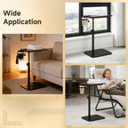 Rotating C Shaped Side Table with Cup Holder, Adjustable Height Sofa Side Table, 360 Swivel Tray Table, Slide Under Couch End Table for Bedside, Laptop, Small Space