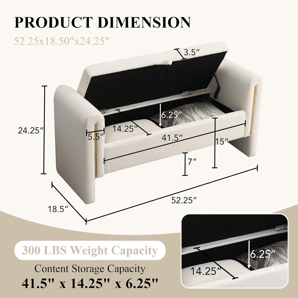 52" Storage Ottoman Bench, Teddy Upholstered End of Bed Bench with Pull-Ring, Storage Bench with Armrest, Window Bench Sturdy with Safety Hinge,Entryway Bench for Bedroom(Cream)