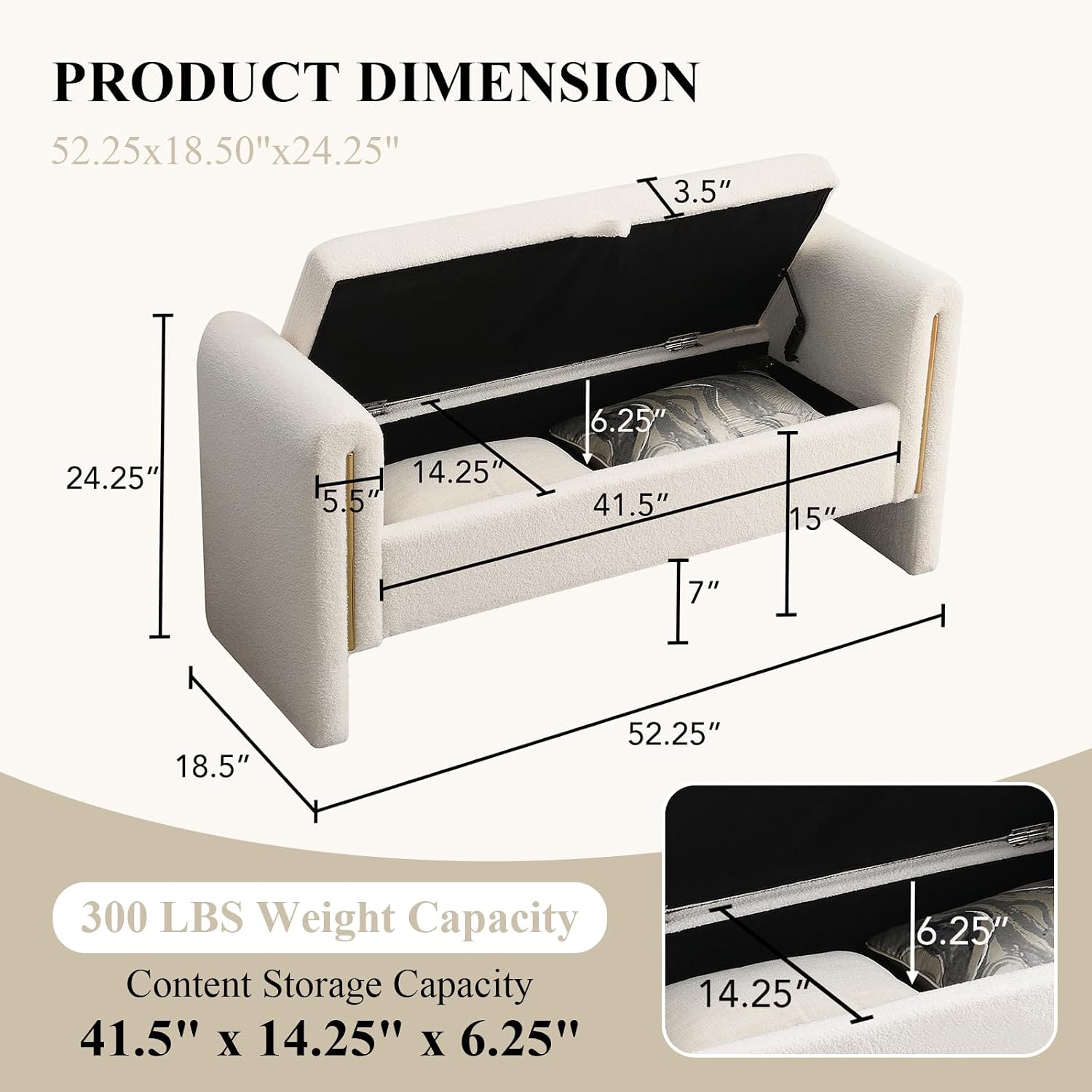 52" Storage Ottoman Bench, Teddy Upholstered End of Bed Bench with Pull-Ring, Storage Bench with Armrest, Window Bench Sturdy with Safety Hinge,Entryway Bench for Bedroom(Cream)