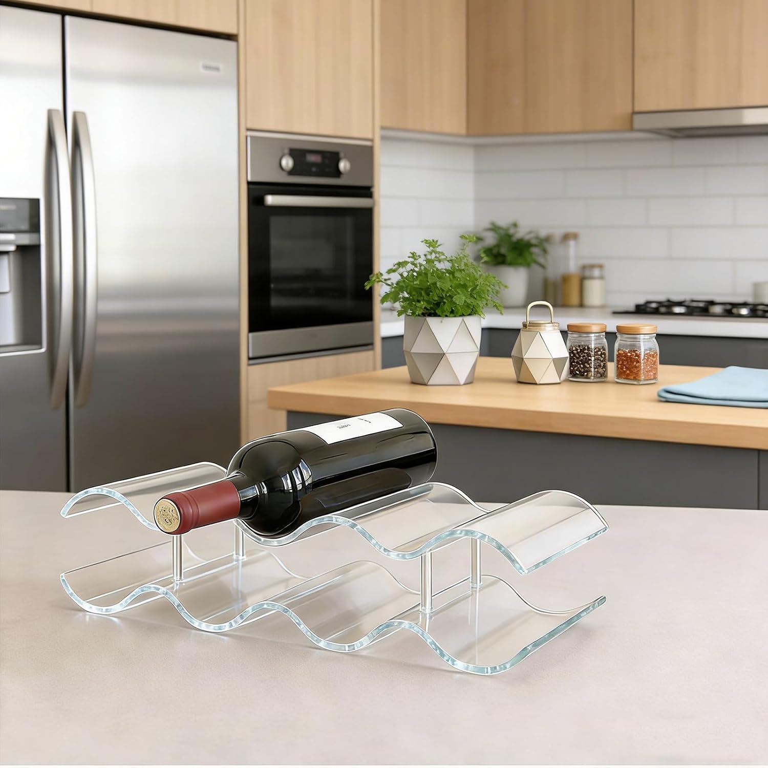 Wine Rack Countertop, Wine Rack for Inside Cabinet, Acrylic Wine Holder, Wavy Wine Bottle Holder for Cabinet Pantry Home Kitchen (2 Tiers - 7 Bottles)