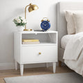 Modern White Nightstand with Drawer & Open Shelf - Gold Knob Bedside Table for Bedroom & Living Room (White)