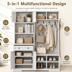 Einhomn 5-in-1 Hall Tree with Bench and Shoe Storage, 51" W Entryway Organizer Coat Rack with 9 Hooks, 2 Storage Cabinets, Drawer, Open Cubbies for Mudroom, Hallway, Living Room, Rustic White