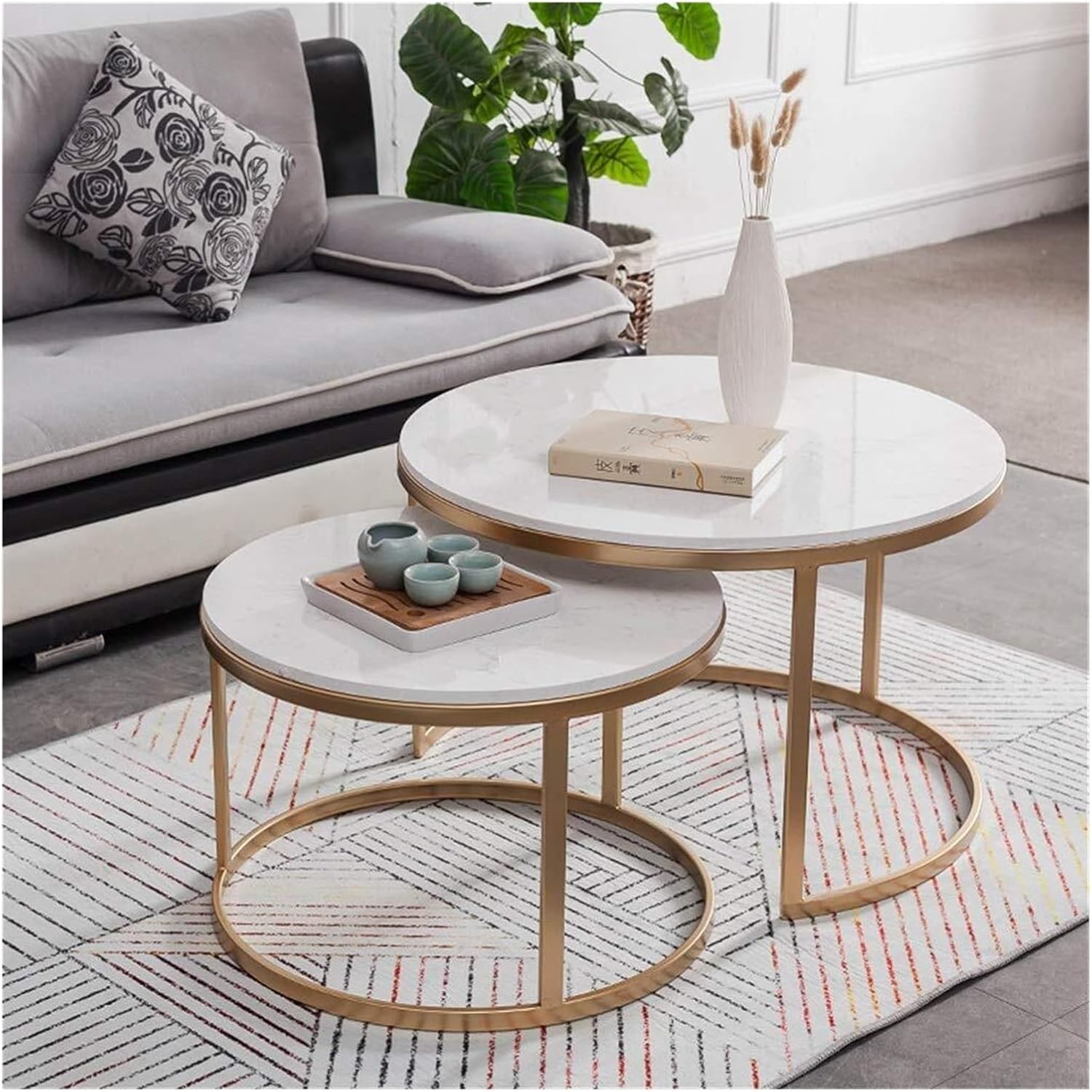 Nesting Tables，Gold Iron Base and White Marble Top Set of 2，70cm+55cm(80cm+60cm)