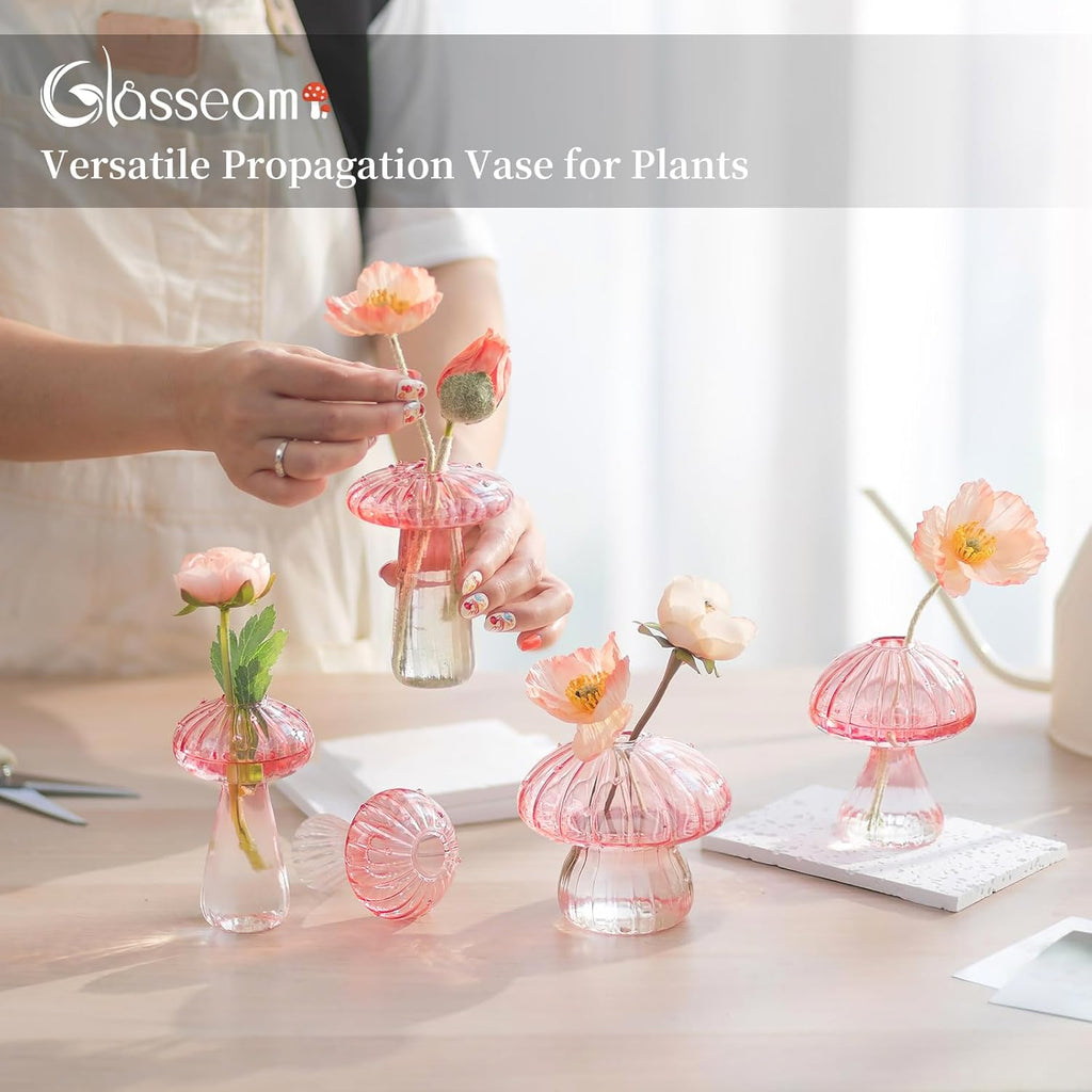 Glasseam Pink Glass Mushroom Vase: Cute Small Flower Vase Set of 10 Unique Mini Bud Vases for Centerpieces Decorative Vases for Flowers Funky Plant Vase Decor