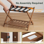 Smart FENDEE 26.77“ Fully Assembled Dark Walnut Luggage Racks with Folable Storage Shelf, 5 Heavy-Duty Straps Bamboo Suitcase Stand, Luggage Holders for Guest Room, Bedroom, Hotel