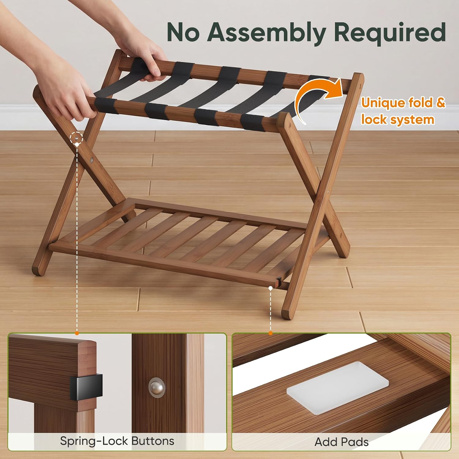 Smart FENDEE 26.77“ Fully Assembled Dark Walnut Luggage Racks with Folable Storage Shelf, 5 Heavy-Duty Straps Bamboo Suitcase Stand, Luggage Holders for Guest Room, Bedroom, Hotel