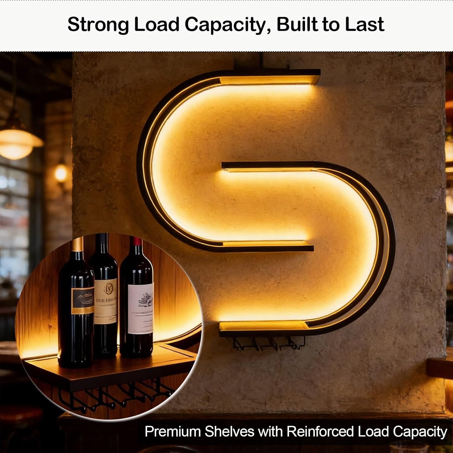 47.24in Wall Mounted Wine Rack, with LED Light Half Round Multi-Tier Iron Wine Bottle Display Rack with Wine Glass Hooks, for Kitchen, Bar, Cafe (Black,47.24 * 7.87 * 47.24INCHES)