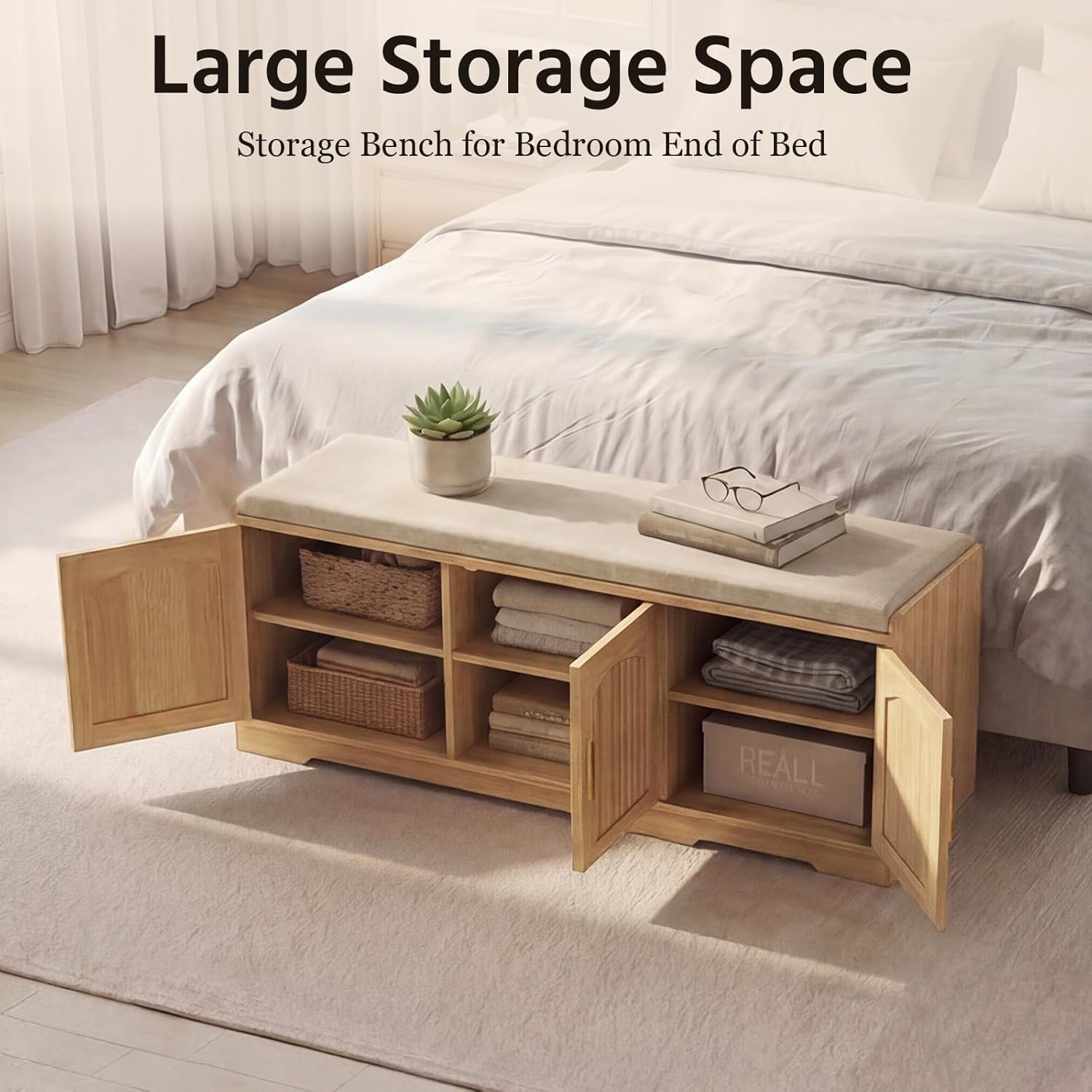 39.4" Shoe Storage Bench with Seating Cushion, Fluted 2-Tier Entryway Bench with 3 Doors & Adjustable Shelves, Shoe Cabinet Bench for Entryway, Hallway, Bedroom and Living Room (Natural)