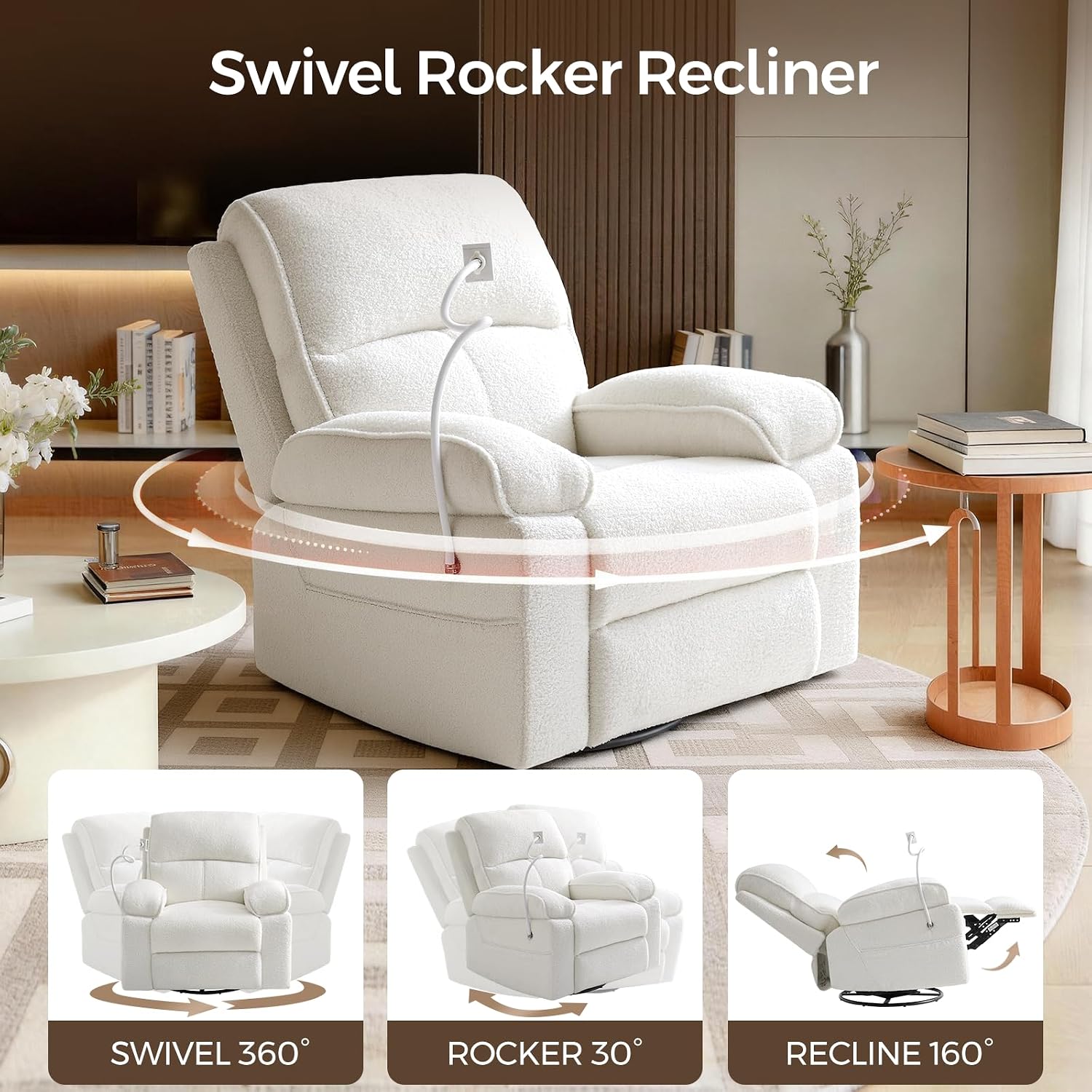 YuuYee Teddy Fleece 360° Swivel Rocker Recliner Nursery Rocking Chairs with Phone Holder Manual Gilder Recliner Chair with Wide Foot Rest for Living Room and Baby Room