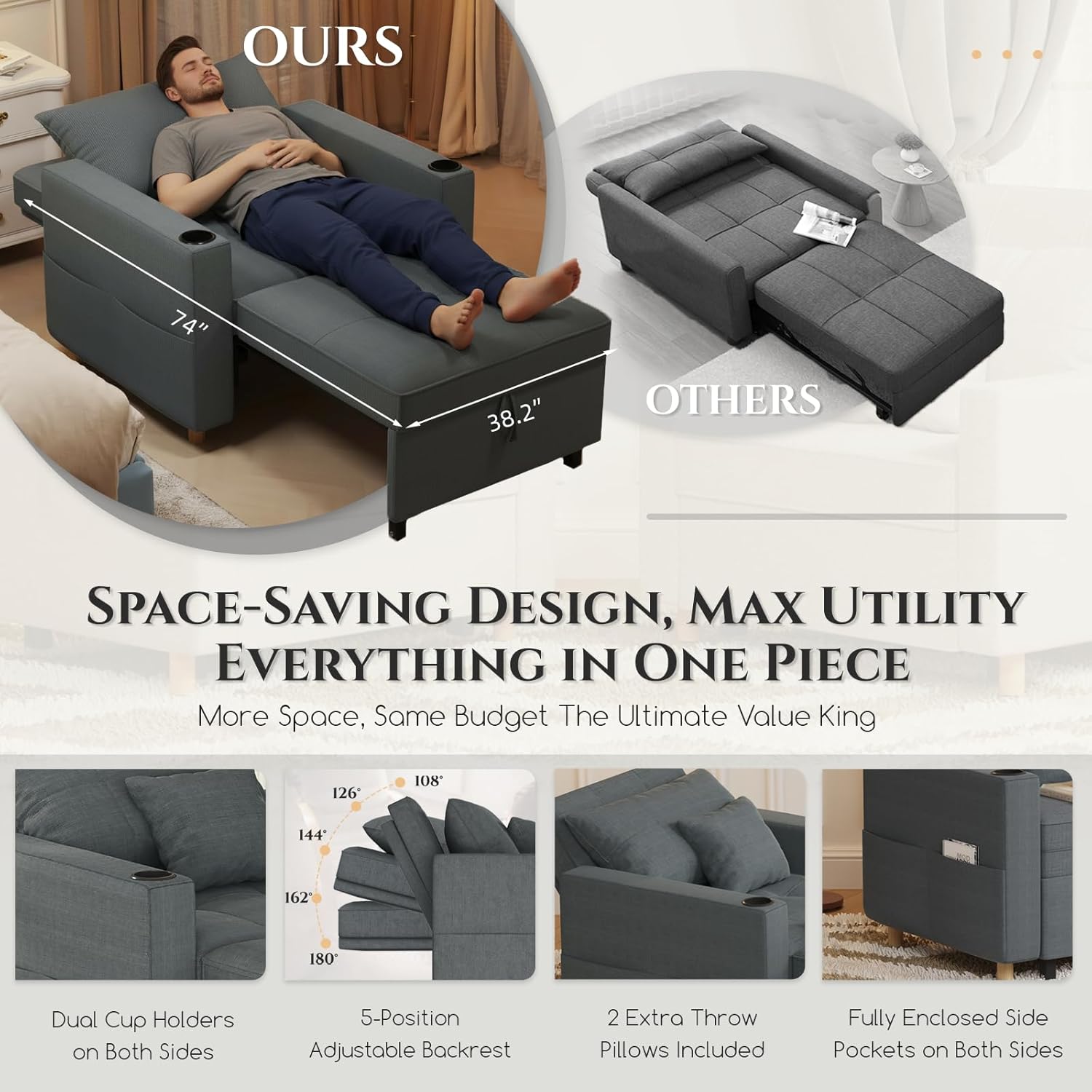 YODOLLA Sleeper Chair for Adults, 38" Extra Wide Convertible Chair Bed, Upgraded 3-in-1 Pull Out Single Sofa with Adjustable Backrest, Cup Holder for Living Room Apartment Small Space, Dark Grey