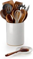 Nucookery Utensil Holder with Spoon Rest, 6.4'' Large Ceramic Kitchen Utensil Crock, Heavyweight Countertop Organizer Holds 10–15 Utensils, Easy Clean, Non-Slip Cork Base