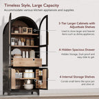 71" Tall Arched Kitchen Pantry Cabinet with Adjustable Shelves & Large Drawers, Arched Bookshelf with Storage Cabinet & Glass Doors, Wooden Versatile Cupboard for Dining Room (Black)