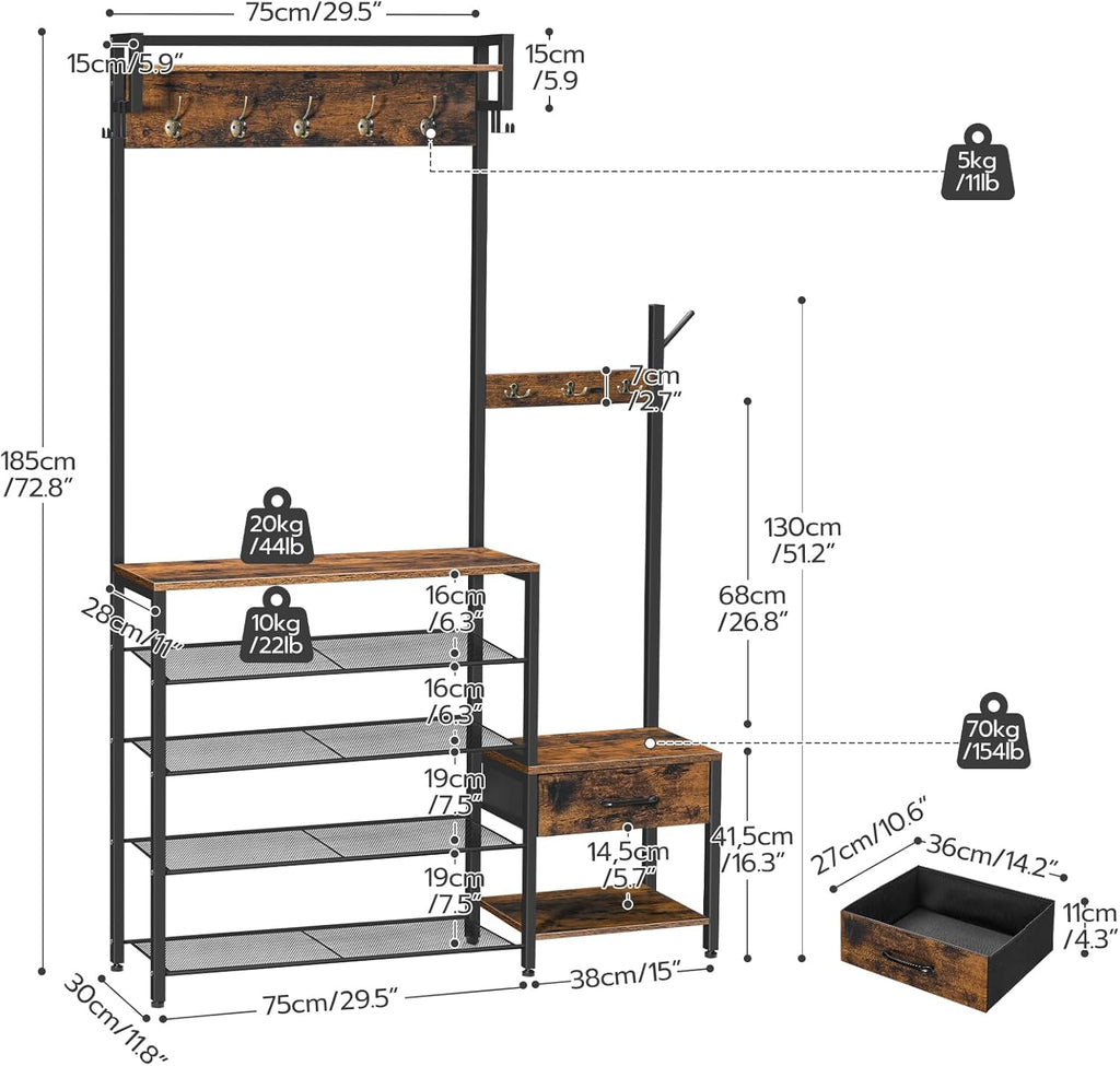 HOOBRO Hall Tree, Entryway Coat Rack Shoe Bench, Shoe and Coat Rack for Entryway, Hall Tree Coat Rack, with Non-Woven Fabric Drawer, for Entrance, Foyer, Rustic Brown and Black BF113MT01
