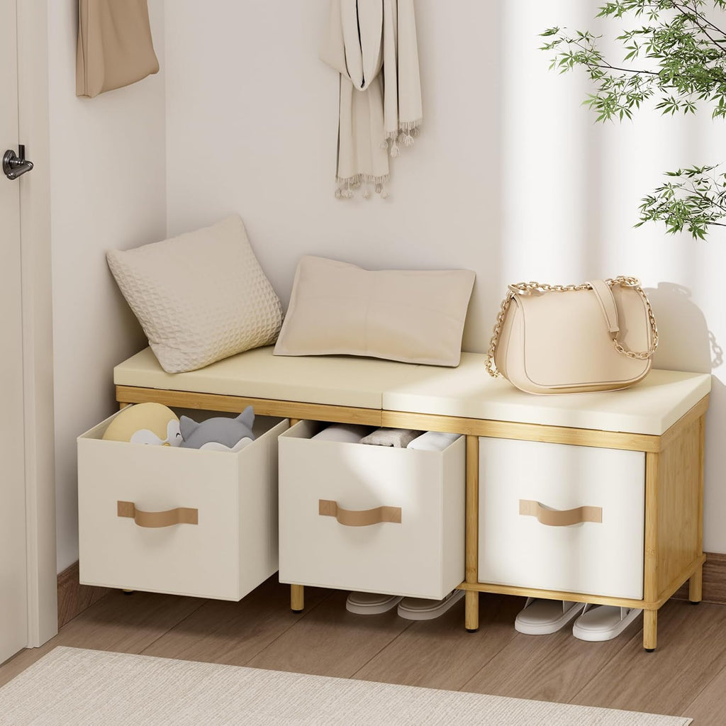 Storage Bench, 43.3" Bamboo Storage Chest with 3 Drawers, Entryway Bench with Cushioned Seat, End of Bed Bench with Storage Toy Box, Toy Chest Storage Bench for Entryway, Living Room, Bedroom