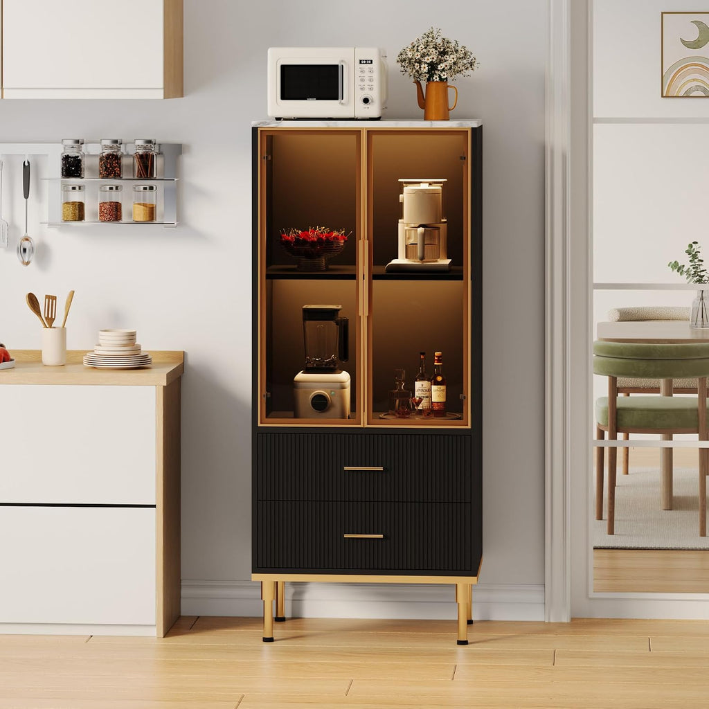Garvee Fluted Pantry Cabinet with Glass Door and 2 Drawers, Kitchen Pantry Storage Cabinet with Adjustable Shelves, Modern Display Sideboard for Kitchen, Dining Room, Living Room, Black