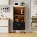Garvee Fluted Pantry Cabinet with Glass Door and 2 Drawers, Kitchen Pantry Storage Cabinet with Adjustable Shelves, Modern Display Sideboard for Kitchen, Dining Room, Living Room, Black