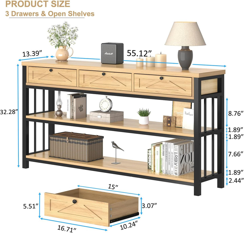 HSH Sofa Table with Storage, 55” Wood Entryway Table with 3 Drawers, 3 Tier Console Table Behind Couch for Living Room, Farmhouse Wooden and Metal Entry Hallway Table for Entrance, Oak, 55 in