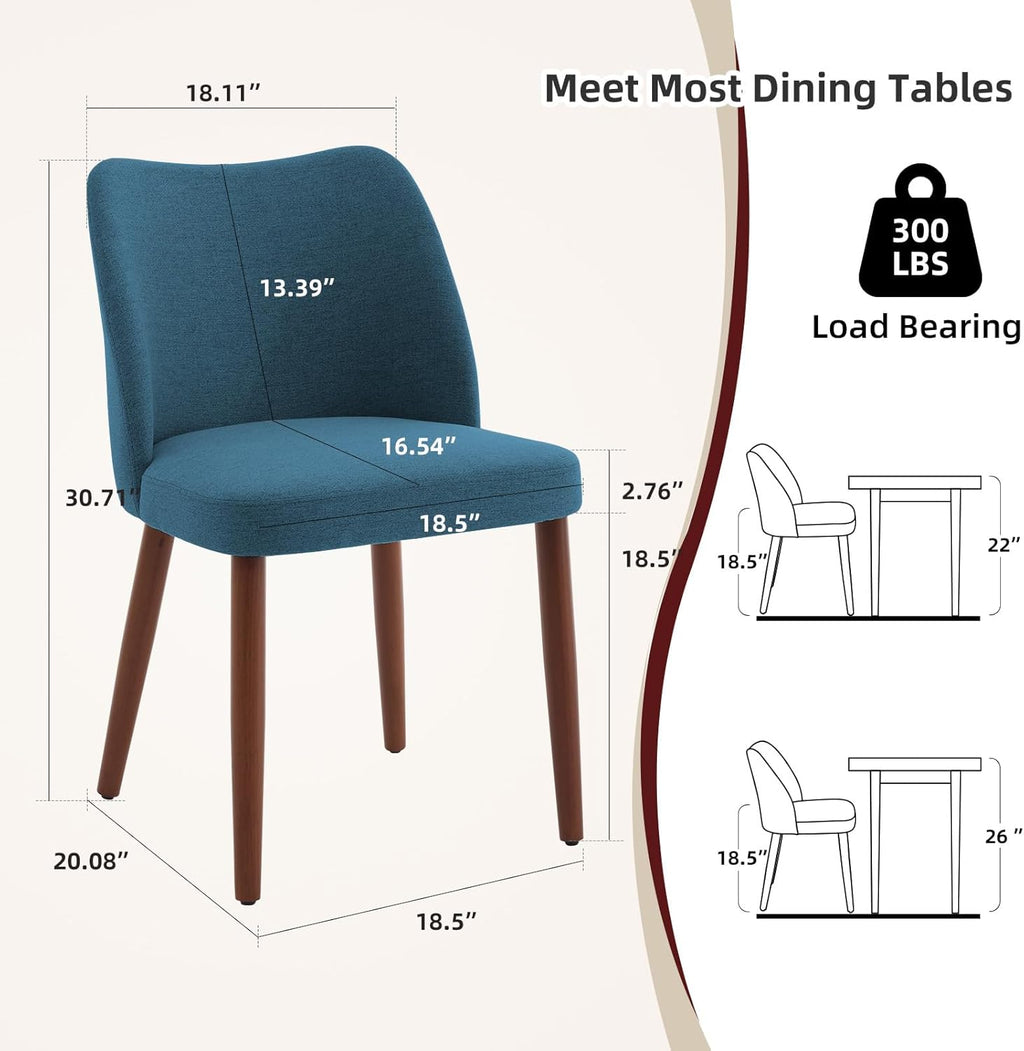 Dining Chair Set of 4, Linen Upholstered Dining Chair with Wood Legs, Wing Backrest, Wooden Kitchen Chair, Kitchen Chairs with Thick Cushions for Dining Room, Living Room, Blue