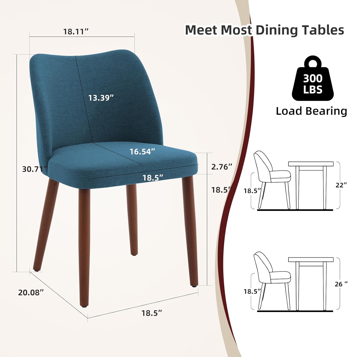 Dining Chair Set of 4, Linen Upholstered Dining Chair with Wood Legs, Wing Backrest, Wooden Kitchen Chair, Kitchen Chairs with Thick Cushions for Dining Room, Living Room, Blue