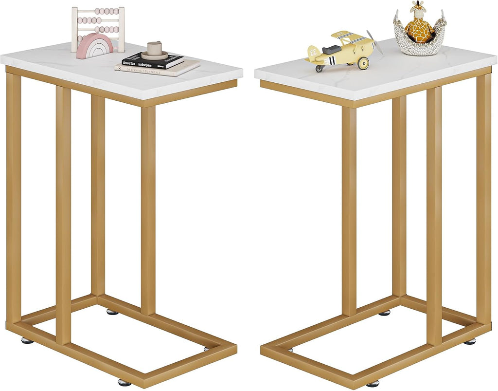 VECELO Universal C-Shaped Side Table, Multi-Functional Snack & TV Tray for Living Room, Bedroom, Gold (2 Set)
