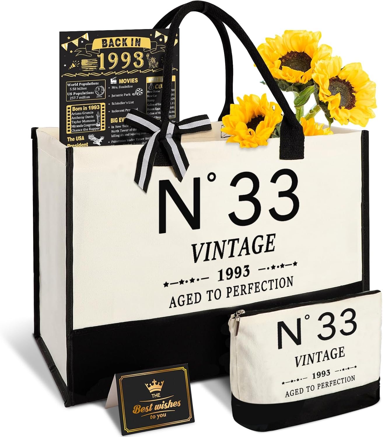 YeohJoy 33rd Birthday Gifts for Women Canvas Tote Bag Travel Gear, Unique 33 Years Old Gifts for Wife Mom Sister Aunt Friends Her, Vintage N°33 Handbag & Cosmetic Bag & Back in 1993 Poster
