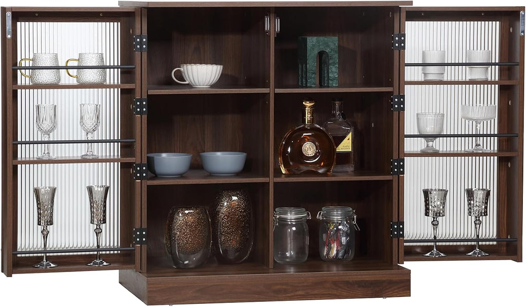 FOREST GRAVITY 34.6 inch Kitchen Pantry Storage Cabinet with 6 Built-in Racks for Better Storage, Modern Pantry Cabinet with Adjustable Shelves and Glass Doors,Wind Red