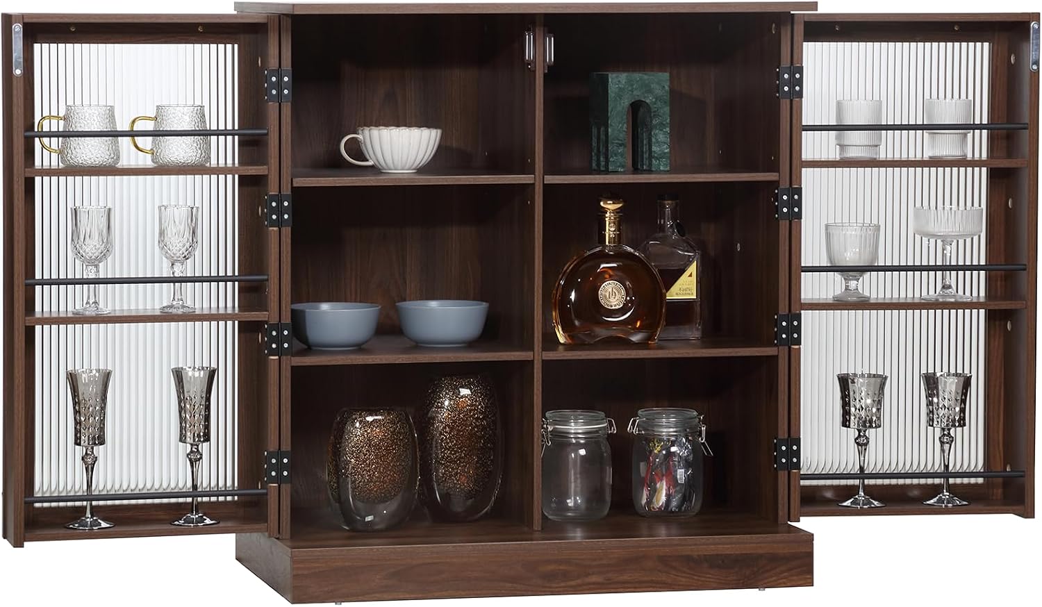 FOREST GRAVITY 34.6 inch Kitchen Pantry Storage Cabinet with 6 Built-in Racks for Better Storage, Modern Pantry Cabinet with Adjustable Shelves and Glass Doors,Wind Red