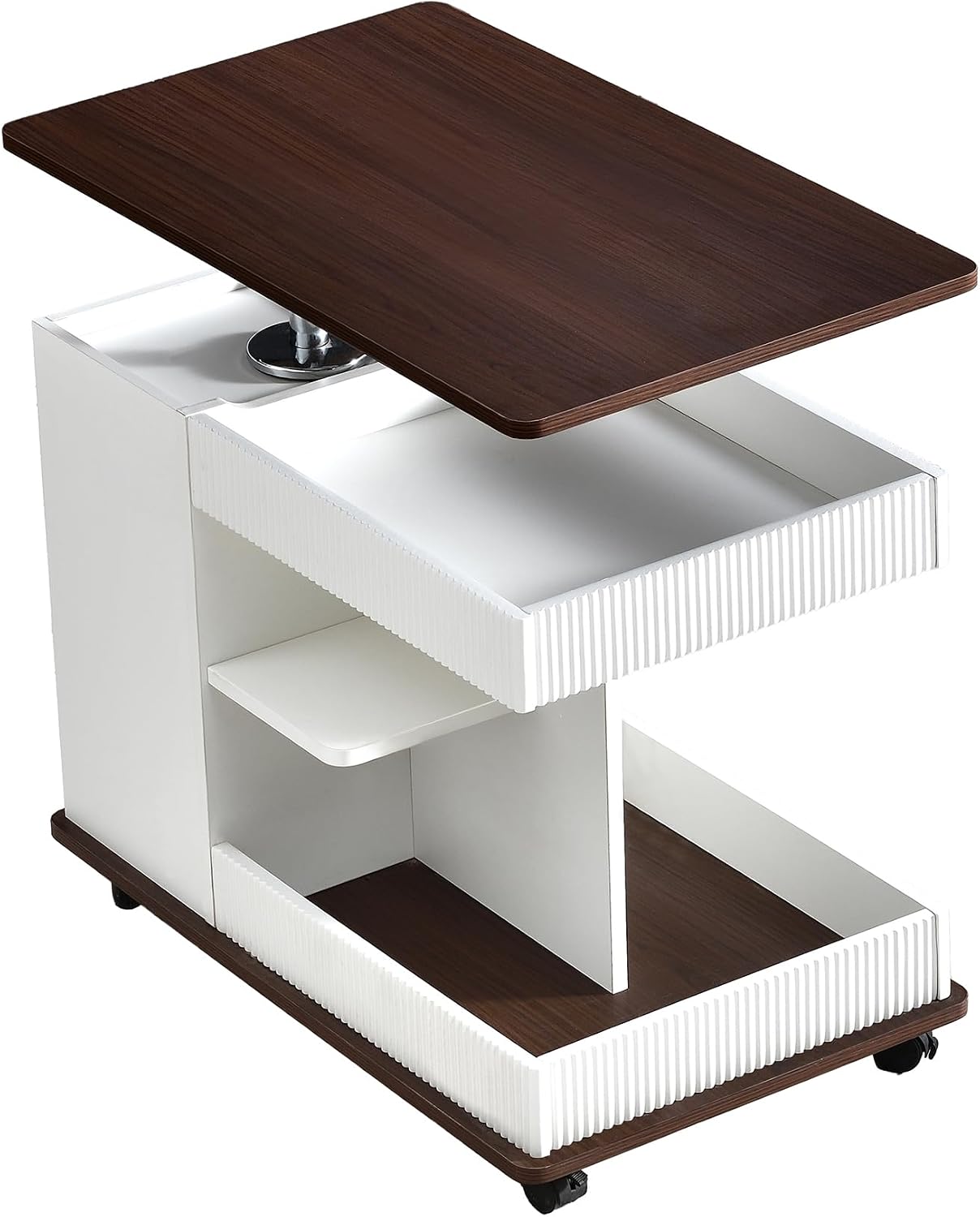 Adjustable Lift Top End Table with Wheels, Modern Multifunctional Sofa Side Table with 360 Degrees Rotating Top, Storage Space for Living Room, Small Space, Brown