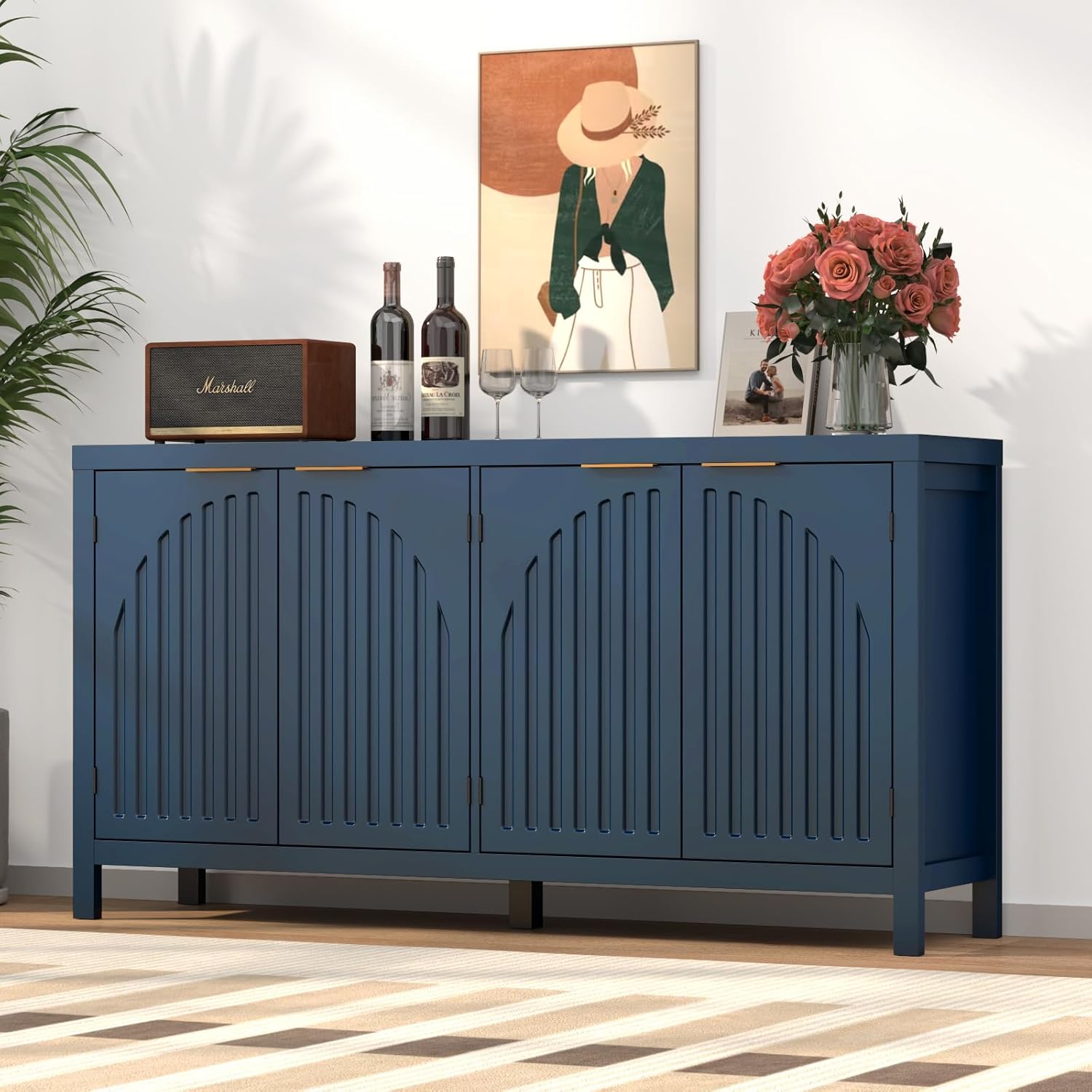 58" Modern Fluted Sideboard Buffet Cabinet with Storage, Modern Credenza with Arched Doors, Coffee Bar Table, Wood Media TV Console Table Credenza for Living Room Hallway Entryway (Blue)