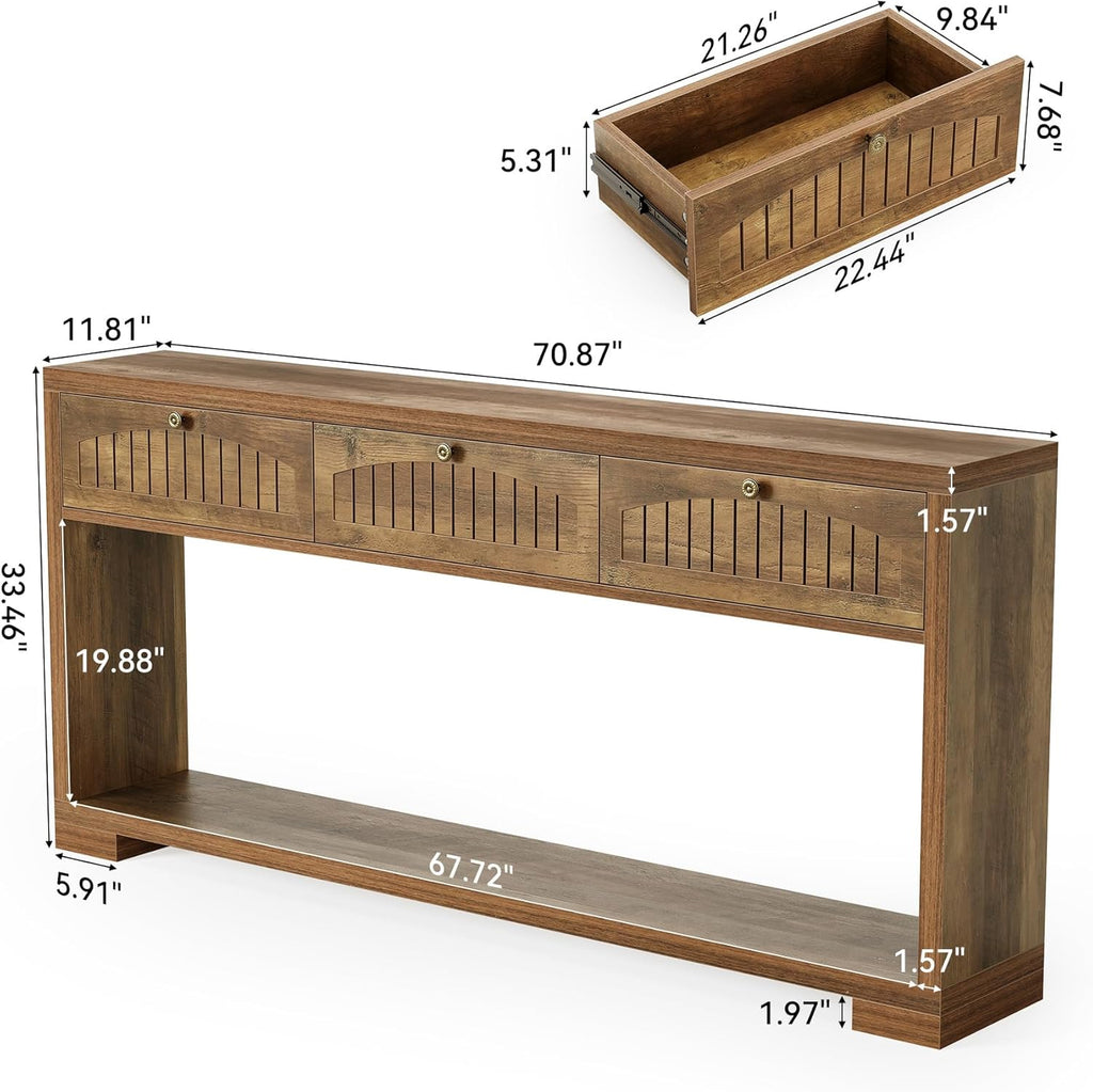 LITTLE TREE Long Entryway Table with 3 Drawers, 70 Inches Farmhouse Console Table for Entry, Behind Sofa, Foyer, Hallway, Behind Couch, Entrance with 2-Tier Storage Shelves, Rustic Brown