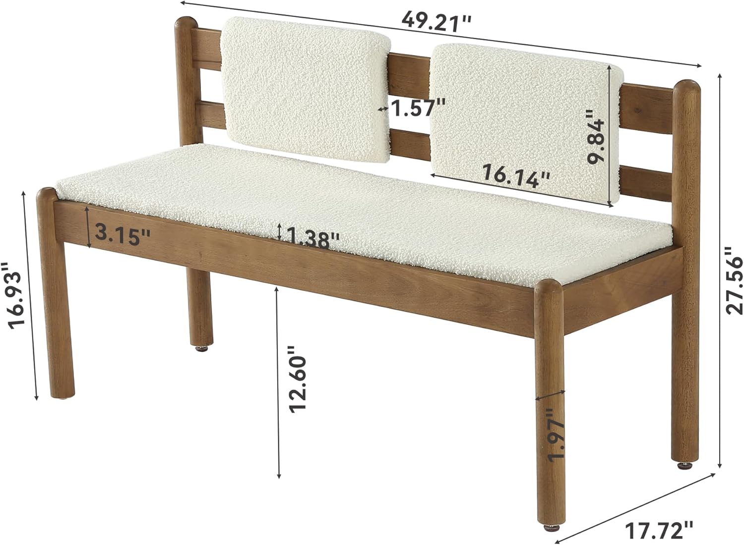 LITTLE TREE Solid Wood Entryway Bench, 49" Dining Bench with Back, Wood Settee Bench with Upholstered Seat, Farmhouse Bedroom Bench for End of Bed, Dining Room, Mudroom, Entryway, White + Walnut Brown