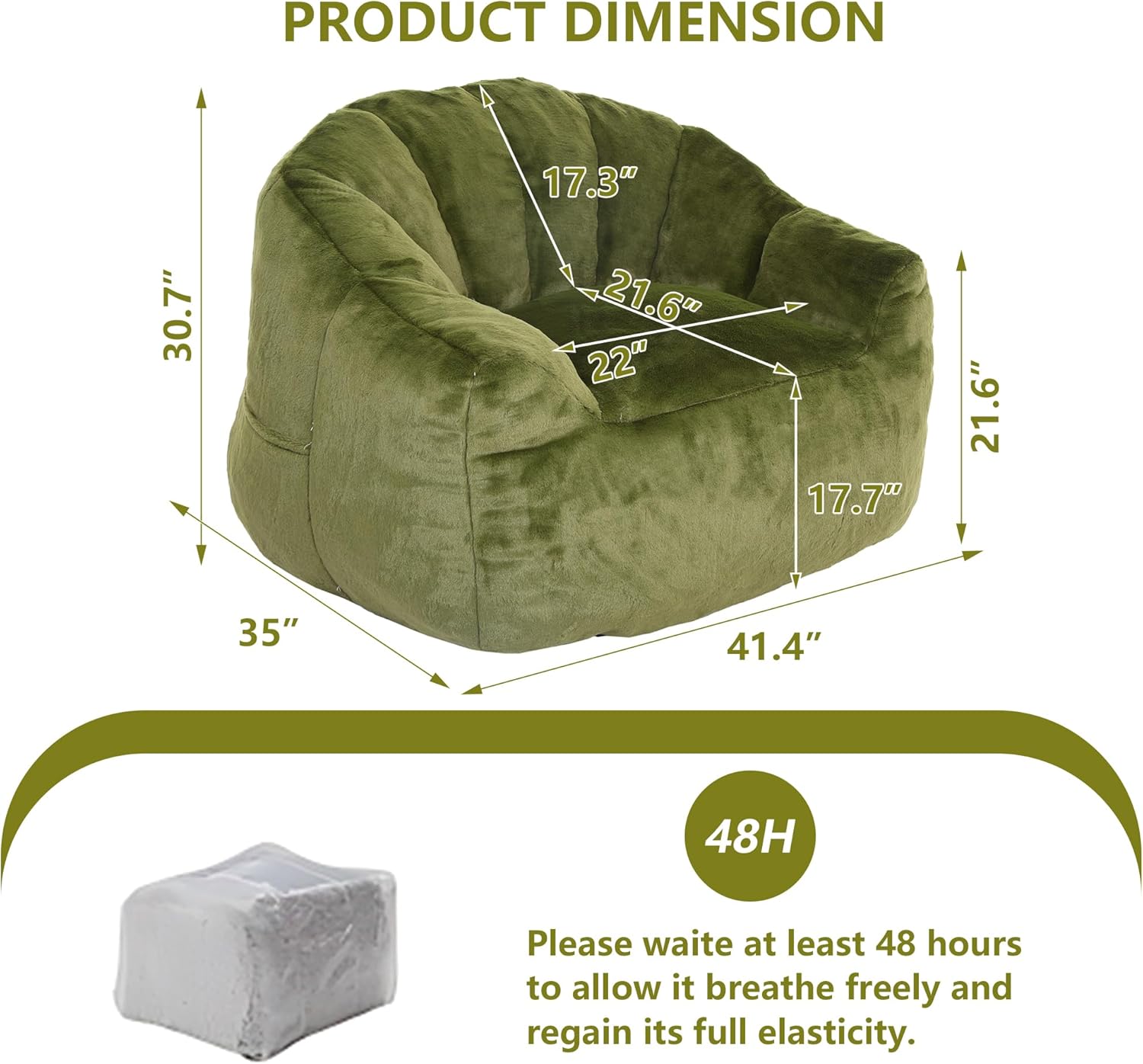 Setawix Giant Bean Bag Chair with Filler, Comfy Faux Fur Bean Bag Chairs for Adults and Kids, Lazy BeanBag Sofa Stuffed Floor Sofa with Memory Foam for Bedroom Apartment Living Room,Green