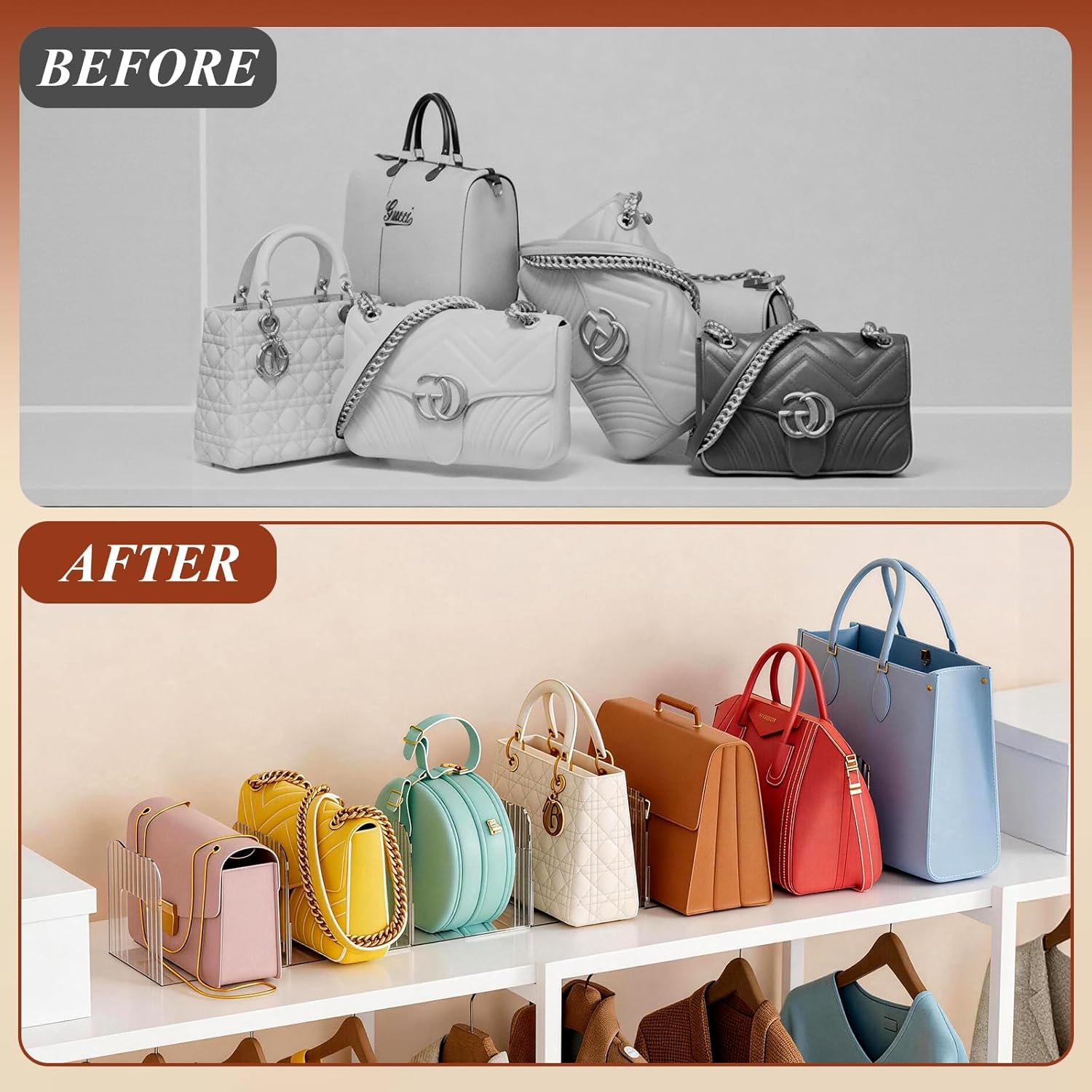 Clear Purse Organizer for Closet, Adjustable Purse Storage Handbag Storage Shelf Dividers, 2 Set Plastic Clutch Dividers for Closet Organizers Perfect for Purse Handbag Books