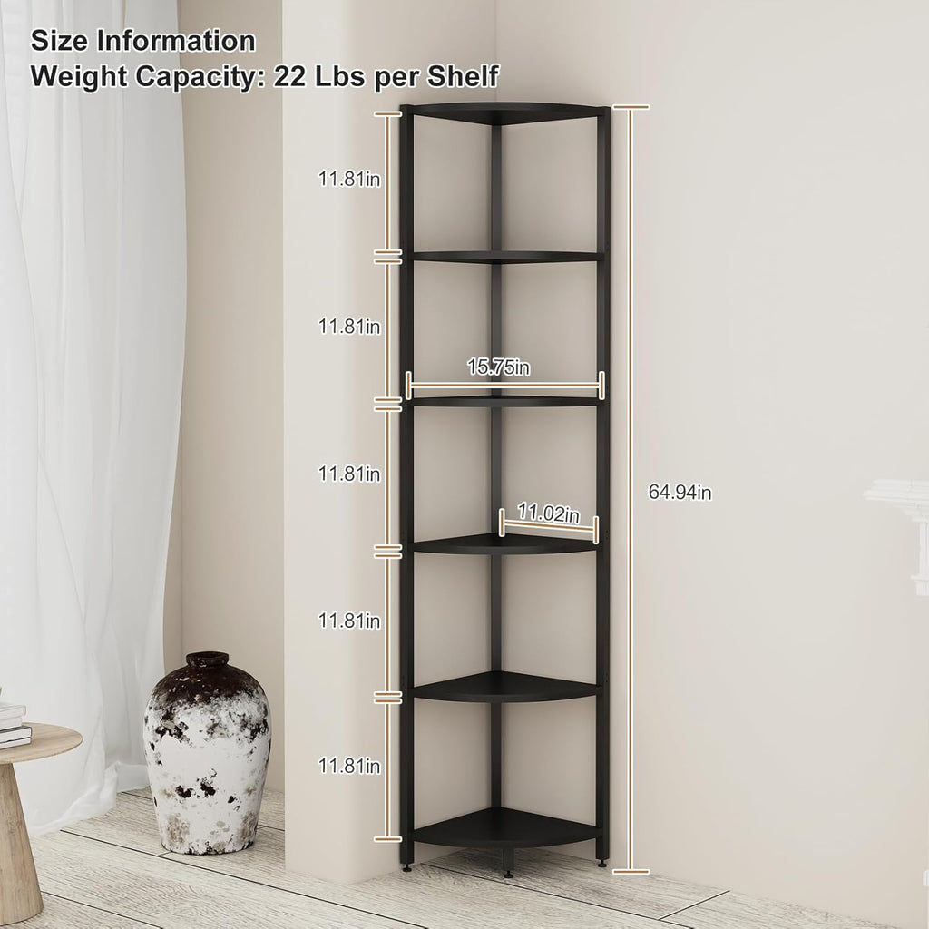 6-Tier Corner Shelf with LED Lights - 65" Tall Narrow Bookshelf, Standing Shelf with Storage Rack, Sturdy Metal Frame & Waterproof Shelves, Rustic Brown, for Living Room/Bedroom/Bathroom