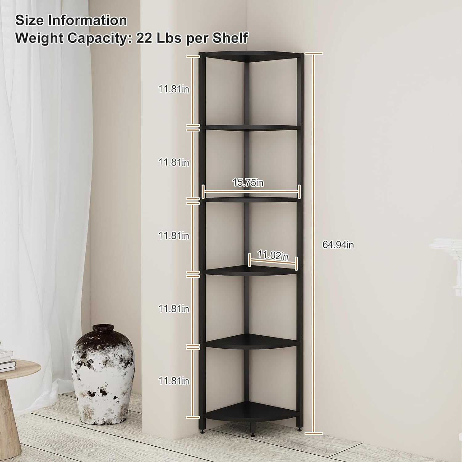 6-Tier Corner Shelf with LED Lights - 65" Tall Narrow Bookshelf, Standing Shelf with Storage Rack, Sturdy Metal Frame & Waterproof Shelves, Rustic Brown, for Living Room/Bedroom/Bathroom