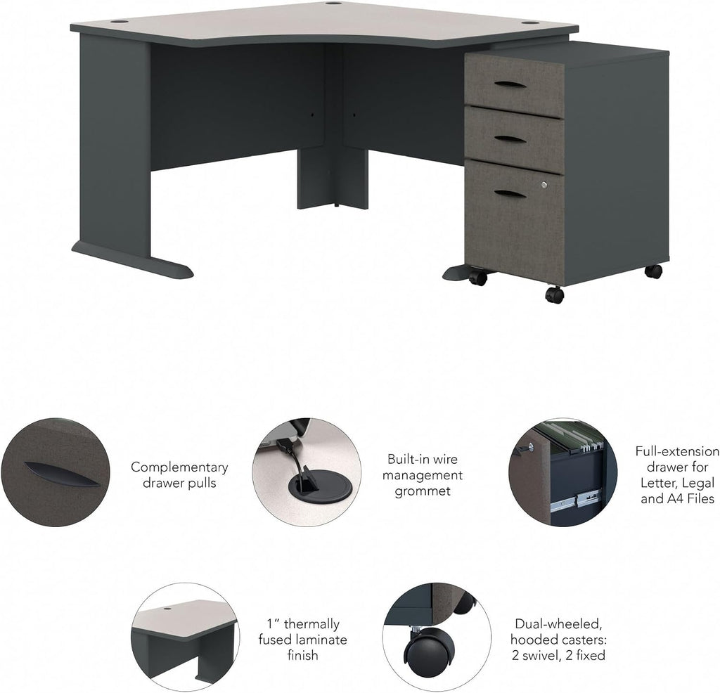 Bush Business Furniture Series A 48W Corner Desk with Mobile File Cabinet in Slate and White Spectrum