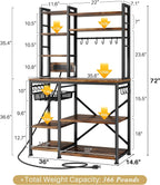 SNTD Baker Rack with Power Outlet - Microwave Stand with Storage, Large Coffee Bar Station with 14 Hooks, Metal Kitchen Shelf Rack for Spices, Pots (Rustic Brown) | with Power Outlet