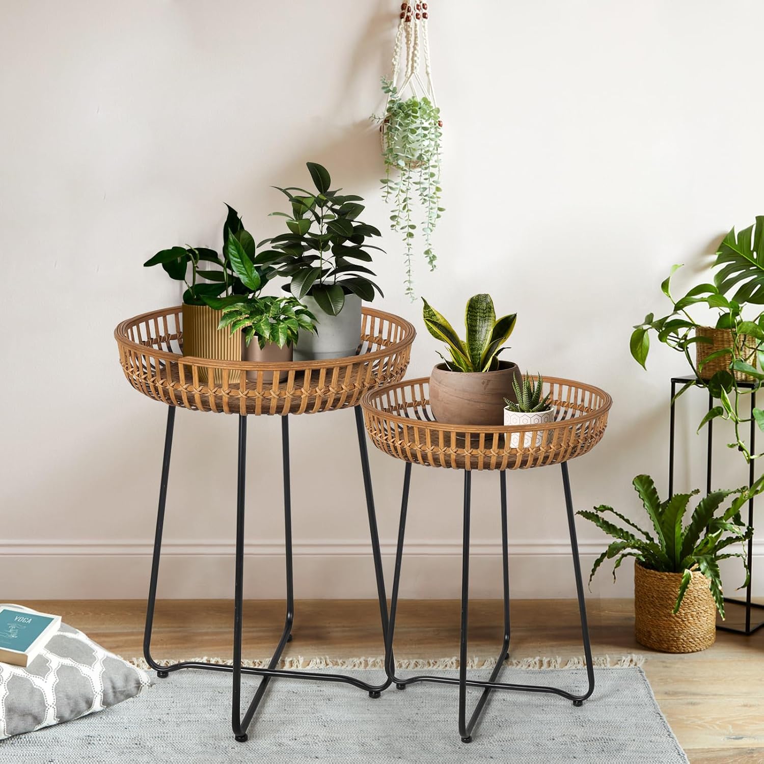 Oakrain Rattan Side Table, Nesting Tables, Set of 2, Bamboo Coffee with Metal Base for Living Room, Sofa, Bedroom, Terrace (18.11''&20.47'')