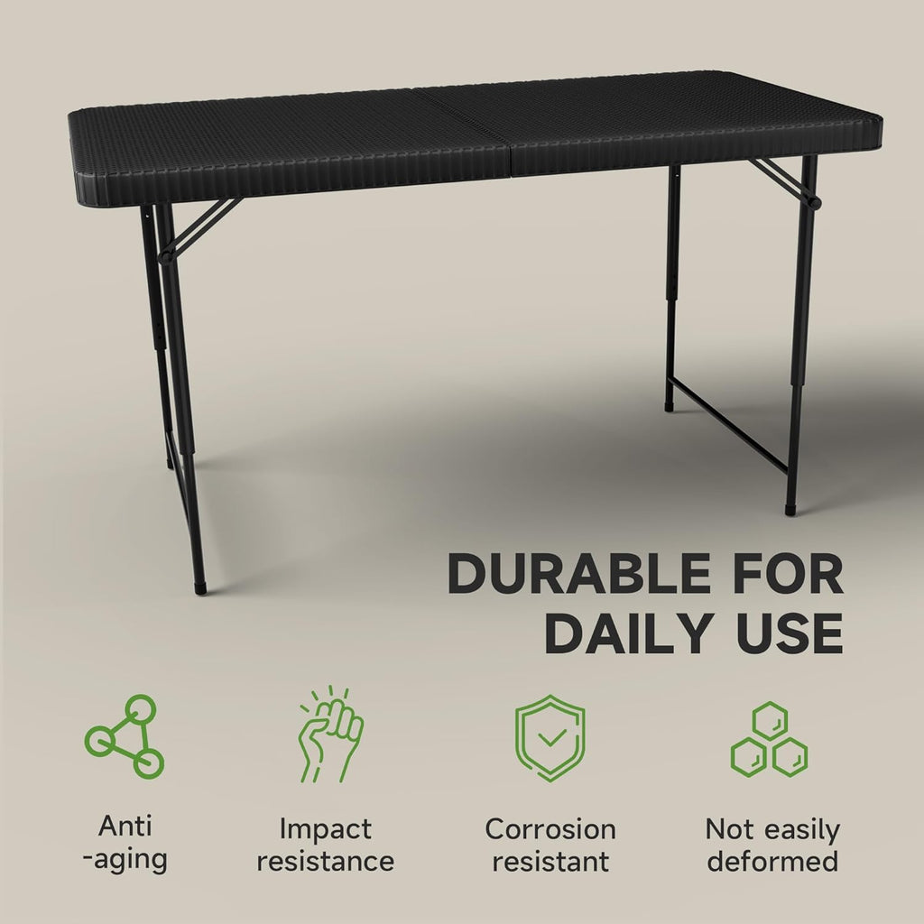 Folding Table 4 Foot, 3-Position Adjustable Height, Heavy Duty 440LBS Capacity, HDPE Wicker Pattern, Portable Tables Folding for Camping, Party, Indoor & Outdoor Use, 1 Pack.
