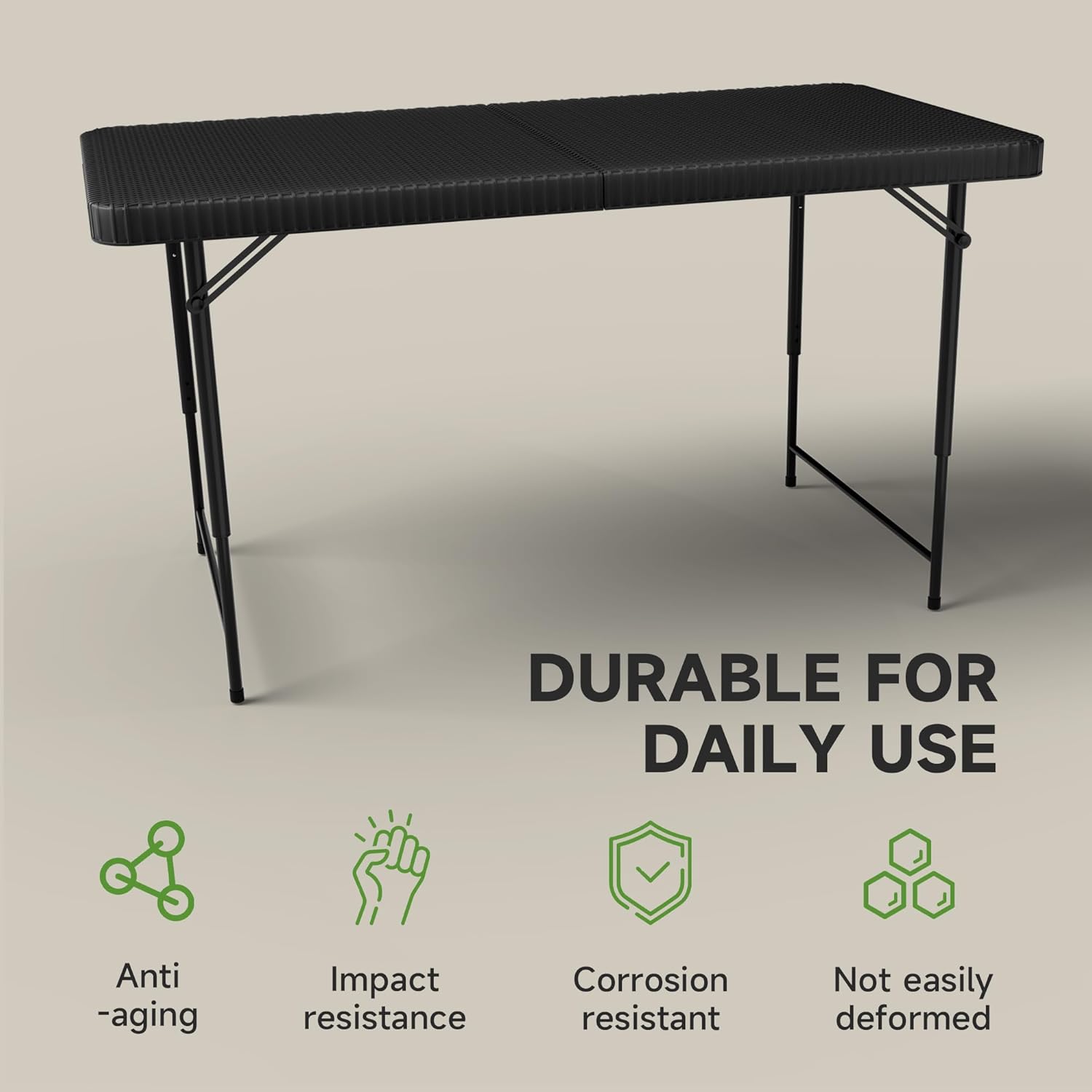 Folding Table 4 Foot, 3-Position Adjustable Height, Heavy Duty 440LBS Capacity, HDPE Wicker Pattern, Portable Tables Folding for Camping, Party, Indoor & Outdoor Use, 1 Pack.