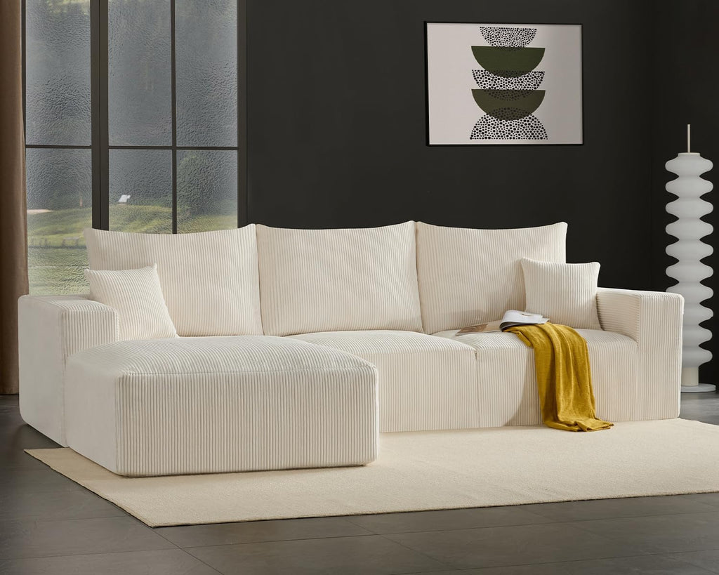 Gericco 113" Modular Sectional Couch, Cloud Boneless Sofa with Deep Seats, Upholstered Corduroy Square Stuffed Ottoman Pouf, 40 * 40 Inch Furry & Fluffy Movable Foot Stool for Living Room, Beige