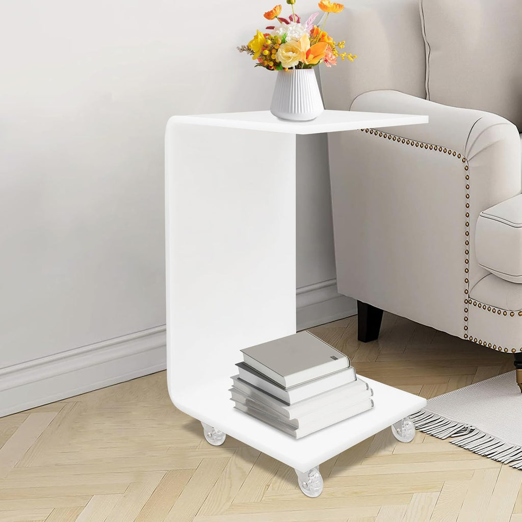 Modern Acrylic Side Table with Wheels, 14.1x13.4x21.6in Movable C-Shaped End Table for Living Room, Bedroom, Sofa, Bedside, Couch (Milky White)