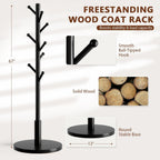 Coat Rack Freestanding Wooden Coat Tree Stand with 8 Round-tip Hooks, 3 Adjustable heights Coat Hat Rack for Entryway,Bedroom,Hallway,Office (Black)