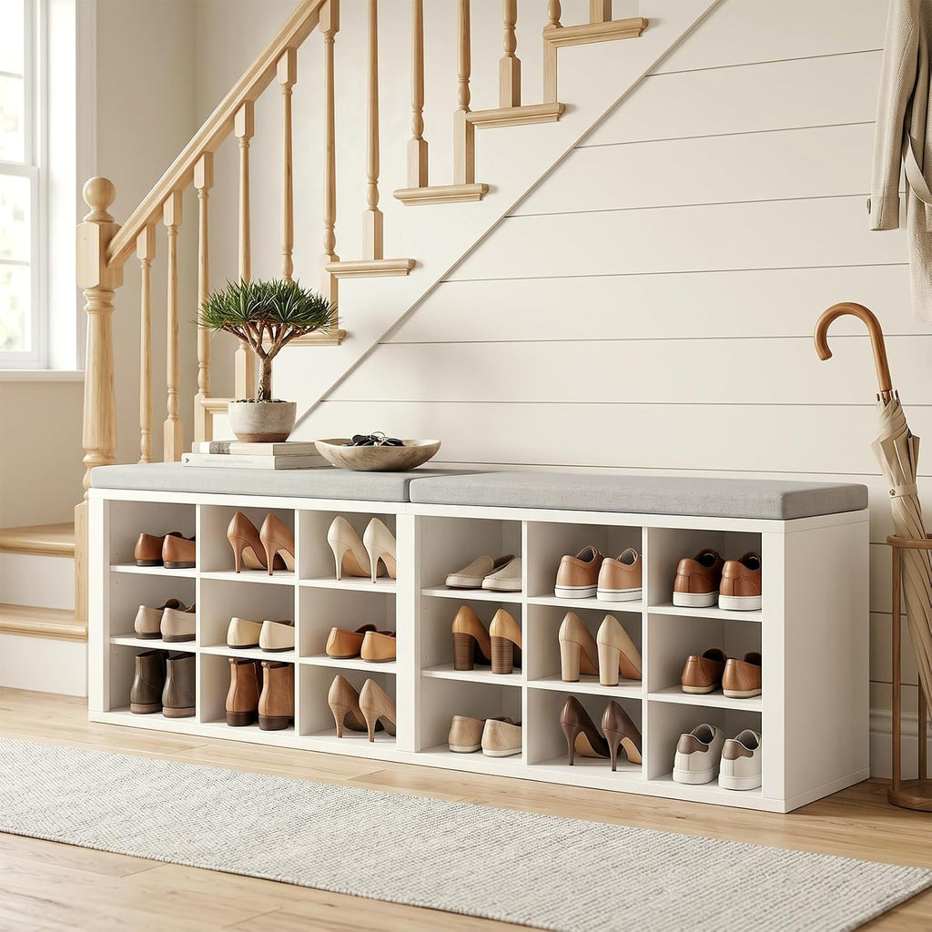 ITEFDTUTNE Shoe Rack Bench, 18 Cubbies Shoe Storage Bench with Cushion, 59" | Entryway Bench with Shoe Storage, Widened Organizer Cabinet for Entryway Hallway Bedroom Living Room, Holds Up to 400lbs