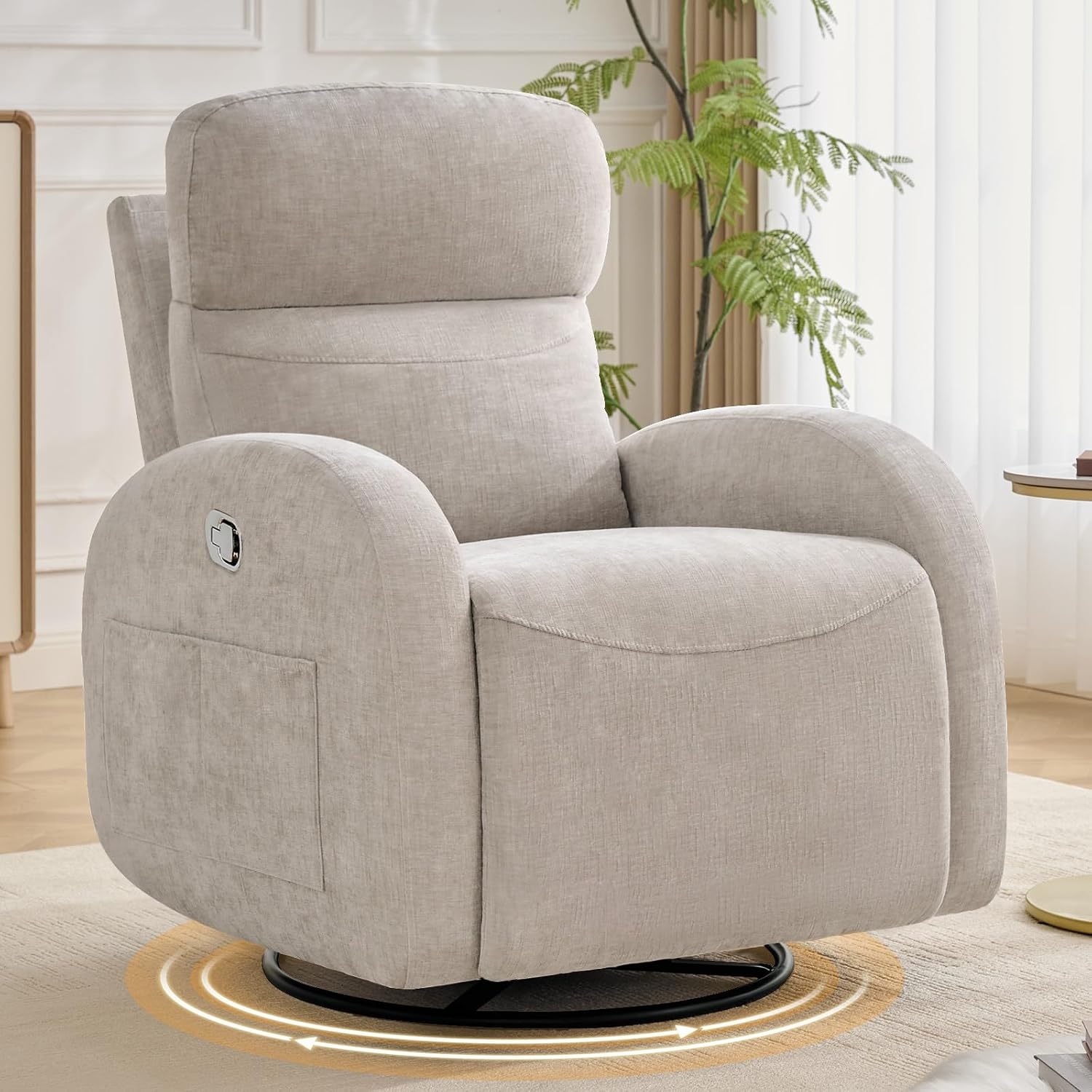 Swivel Rocker Recliner, Manual Swivel Recliner with Adjustable Headrest, Glider Rocking Reclining Nursery Chairs for Small Space, Living Room, Bedroom, Chenille Camel